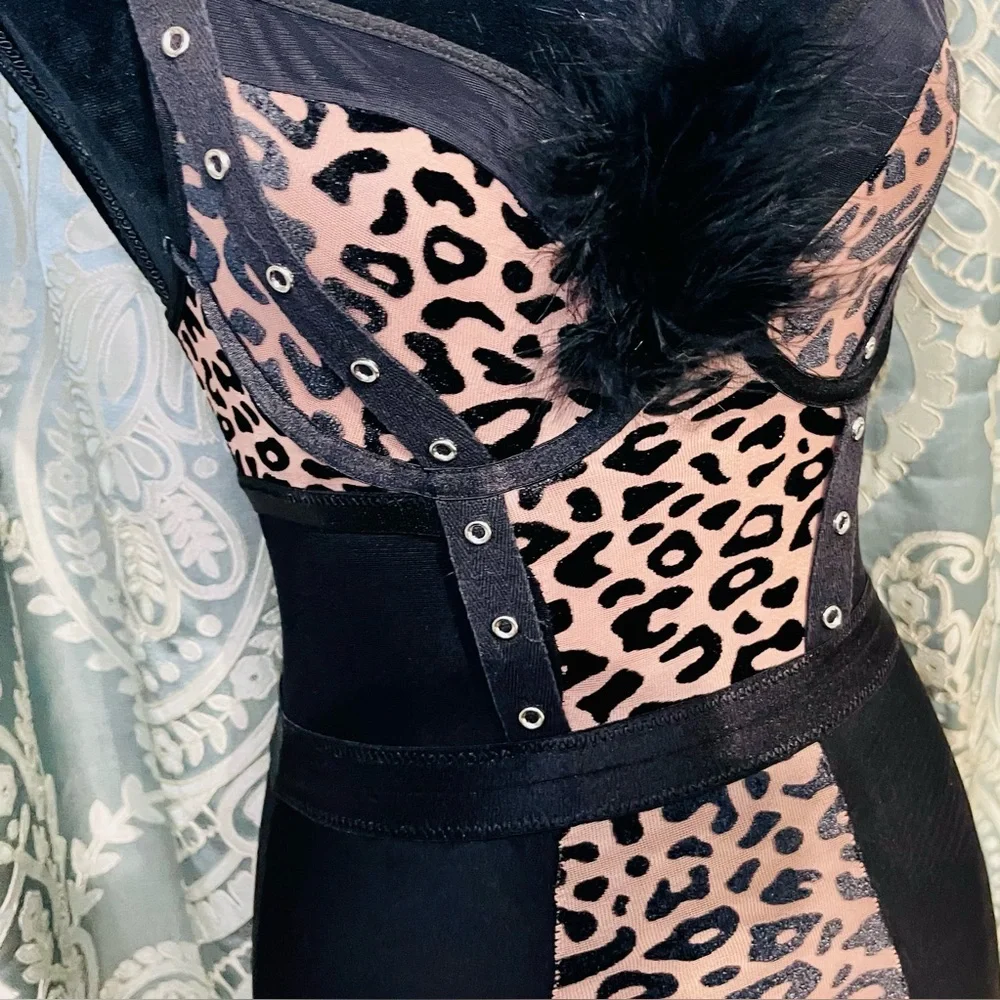 Leopard Print Bustier Size S Garter Slip Black Feather Accent  Mesh Adjustable - Picture 3 of 13